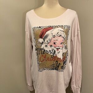 Southern Grace Light Pink Long Sleeve "Merry Christmas" Santa Tee Scoop neck, Md